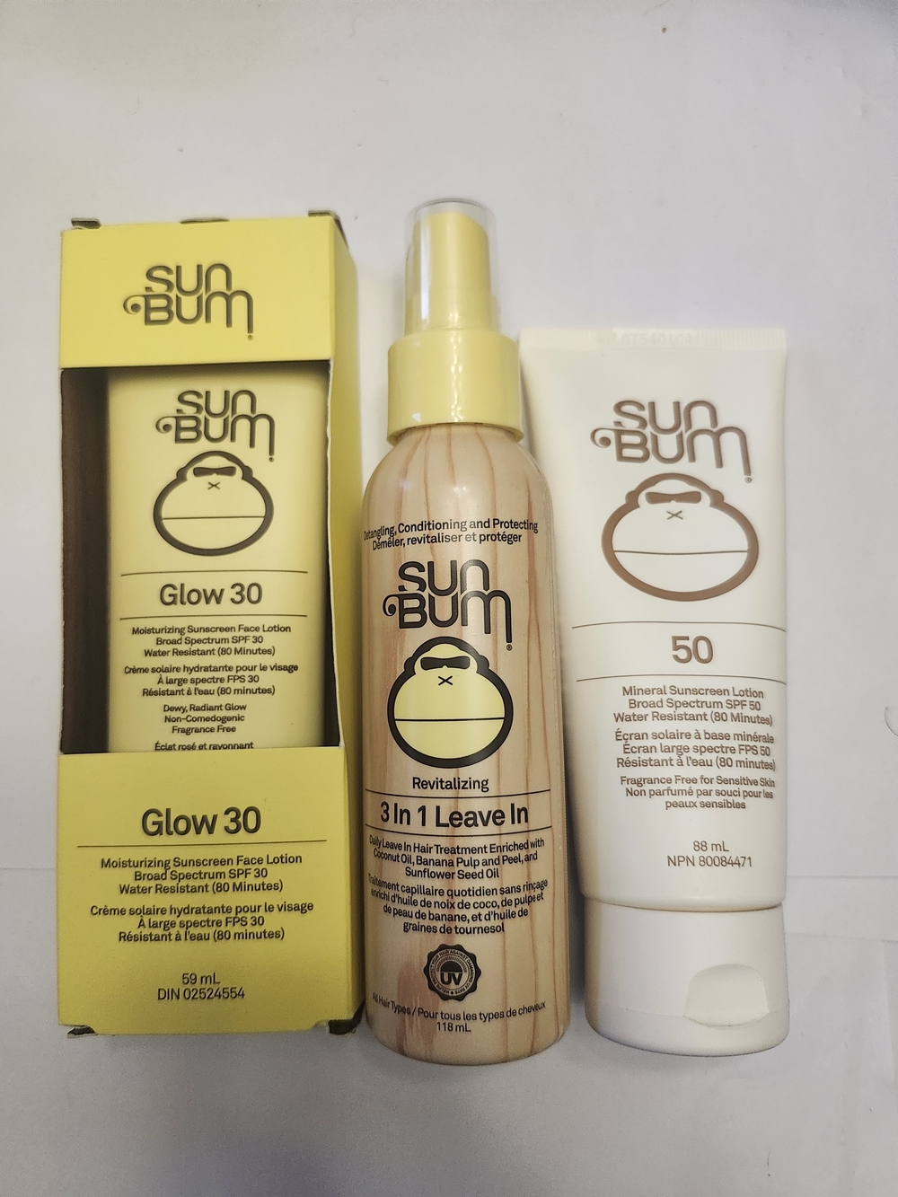Sun Bum Set Of 3 - Glow 30 Sunscreen Lotion, 50 Spf & 3 In 1 Hair Treatment New